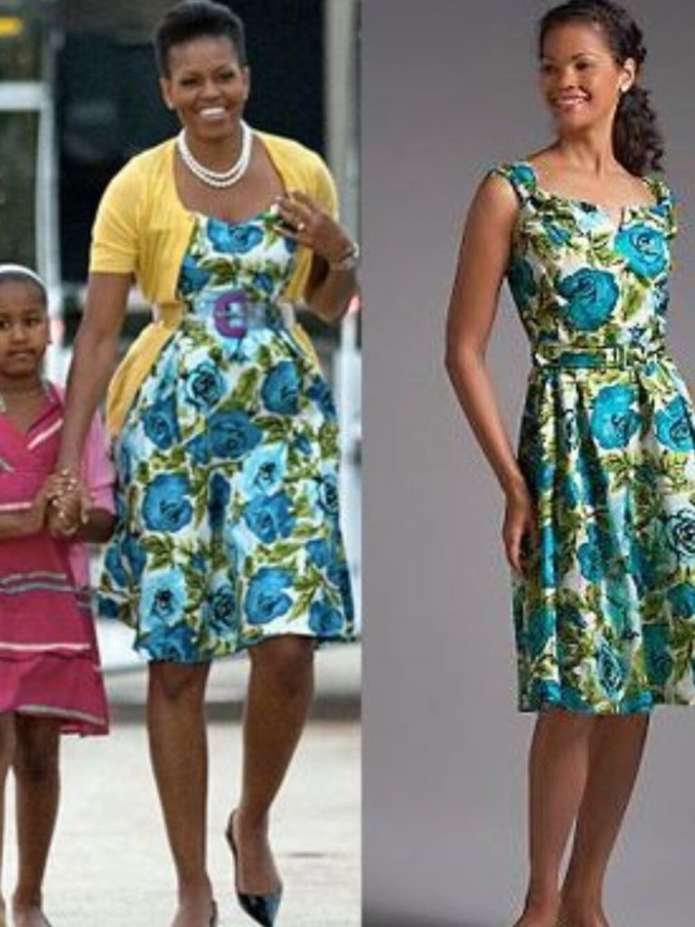 Talbots Michelle Obama Rose Print Silk Dress Lagoon Blue 4P